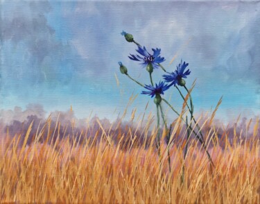 Painting titled "Cornflowers (19)" by Tatiana Karchevskaya, Original Artwork, Oil Mounted on Wood Stretcher frame