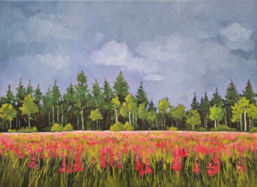 Painting titled "Landscape with bloo…" by Tatiana Karchevskaya, Original Artwork, Oil