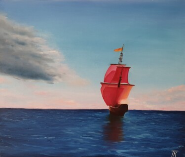 Schilderij getiteld "Scarlet Sails" door Tatiana Karchevskaya, Origineel Kunstwerk, Olie Gemonteerd op Frame voor houten bra…
