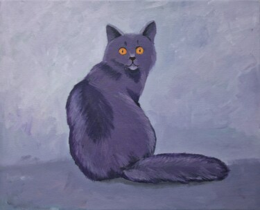 Ζωγραφική με τίτλο "Gray cat with orang…" από Tatiana Karchevskaya, Αυθεντικά έργα τέχνης, Ακρυλικό