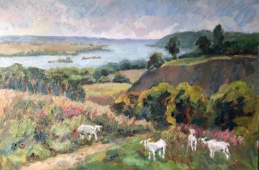 Pintura intitulada "Morning at Oka river" por Tatiana Kolupaeva, Obras de arte originais, Óleo Montado em Armação em madeira