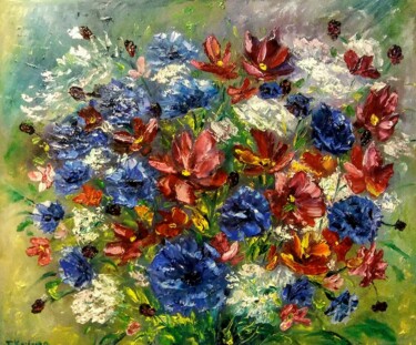 Schilderij getiteld "Flowers painting oi…" door Tatiana Krilova, Origineel Kunstwerk, Olie