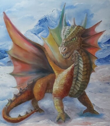 Schilderij getiteld "Dragon in the mount…" door Tatiana Krilova, Origineel Kunstwerk, Olie