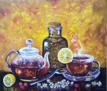 Painting titled "Tea drinking.Still…" by Tatiana Krilova, Original Artwork, Oil