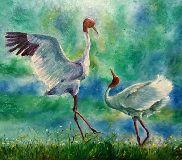 Painting titled "White Birds Dance o…" by Tatiana Krilova, Original Artwork, Oil