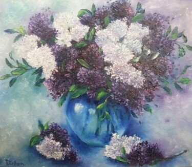 Painting titled "Lilacs in a blue gl…" by Tatiana Krilova, Original Artwork, Oil
