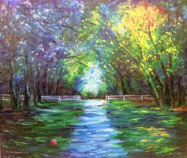 Painting titled "Park, trees, road.O…" by Tatiana Krilova, Original Artwork, Oil