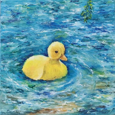 Painting titled "Yellow duckling swi…" by Tatiana Krilova, Original Artwork, Oil