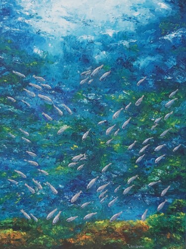 Painting titled "Ocean view.Fishes.O…" by Tatiana Krilova, Original Artwork, Oil