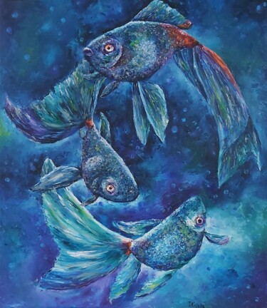 Peinture intitulée "Big blue fish. Oil…" par Tatiana Krilova, Œuvre d'art originale, Huile