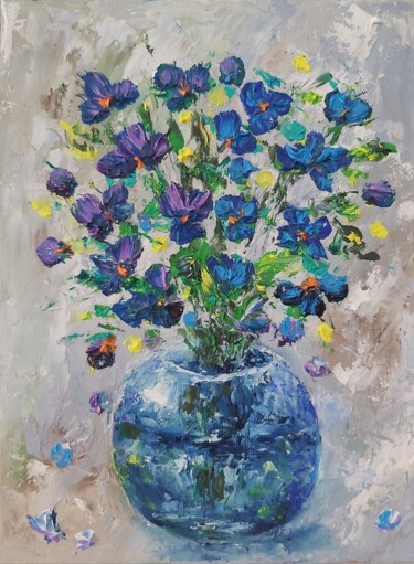 Painting titled "Flowers painting on…" by Tatiana Krilova, Original Artwork, Oil