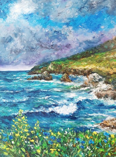 California Seascape Original Oil Painting Texture Coastal Art Beach Painting Ocean Art Mountain Impressionist Art Landscape Painting