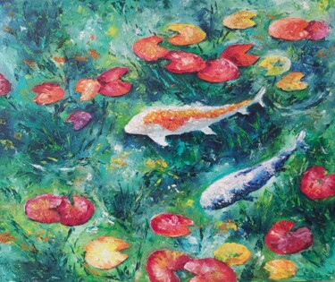 Schilderij getiteld "Fishes in the lake.…" door Tatiana Krilova, Origineel Kunstwerk, Olie