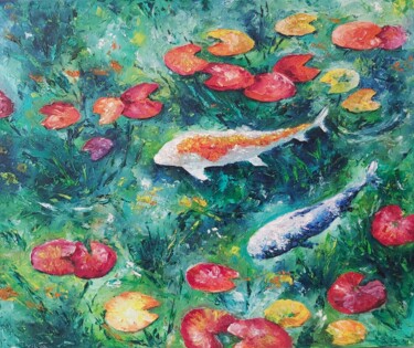 Painting titled "Fishes in the lake.…" by Tatiana Krilova, Original Artwork, Oil