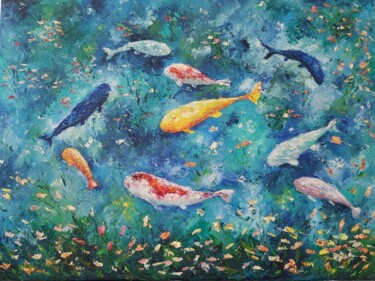 Schilderij getiteld "Fishes in the lake.…" door Tatiana Krilova, Origineel Kunstwerk, Olie