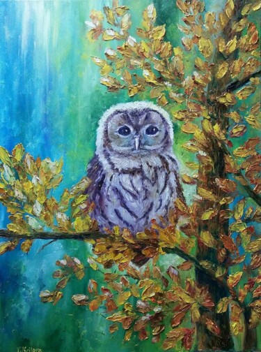 Картина под названием "Owl on a tree. Oil…" - Tatiana Krilova, Подлинное произведение искусства, Масло