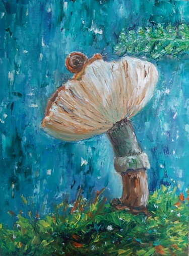 Malerei mit dem Titel "Mushroom in the rai…" von Tatiana Krilova, Original-Kunstwerk, Öl