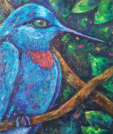 Painting titled "Bluebird on a tree…" by Tatiana Krilova, Original Artwork, Oil