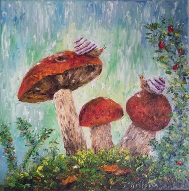 Schilderij getiteld "Mushroom in the rai…" door Tatiana Krilova, Origineel Kunstwerk, Olie