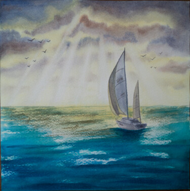 Peinture intitulée "lonely sail" par Tatiana Krupnikova, Œuvre d'art originale, Aquarelle