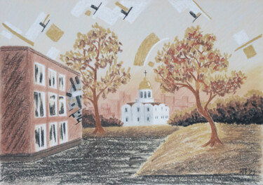 Painting titled "City walk" by Tatiana Krupnikova, Original Artwork, Charcoal