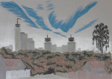 Dessin intitulée "Flight over the city" par Tatiana Krupnikova, Œuvre d'art originale, Graphite