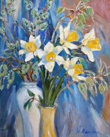 Painting titled "Narcisses" by Tatiana Lapina, Original Artwork, Oil