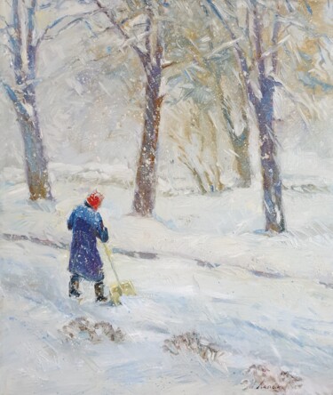 Painting titled "Snowfoll - original…" by Tatiana Lapina, Original Artwork, Oil Mounted on Wood Stretcher frame