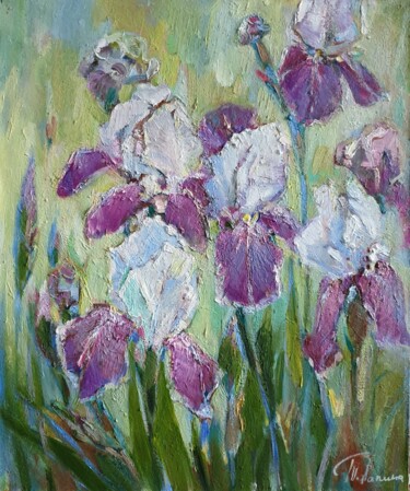 Painting titled ""Irises"" by Tatiana Lapina, Original Artwork, Oil Mounted on Wood Stretcher frame