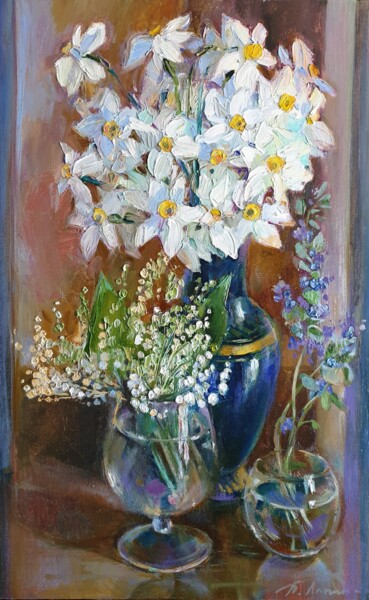 「"Spring flowers"」というタイトルの絵画 Tatiana Lapinaによって, オリジナルのアートワーク, オイル ウッドストレッチャーフレームにマウント