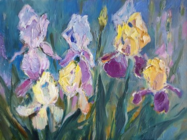 Painting titled "Irises 2 - original…" by Tatiana Lapina, Original Artwork, Oil Mounted on Wood Stretcher frame