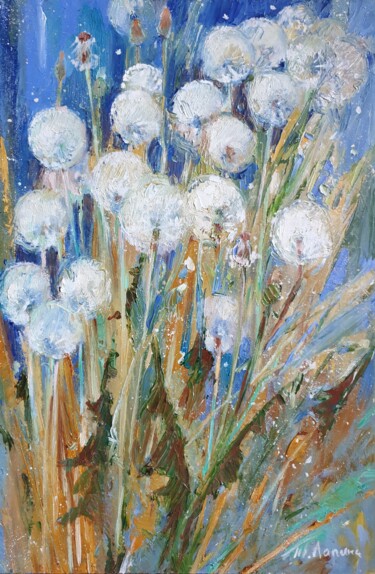 Painting titled "Dandelions 2 - knif…" by Tatiana Lapina, Original Artwork, Oil Mounted on Cardboard