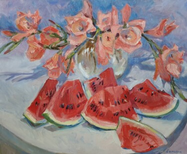 Painting titled "Whatermelon" by Tatiana Lapina, Original Artwork, Oil Mounted on Wood Stretcher frame