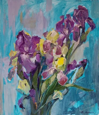 Malarstwo zatytułowany „Irises 2 - brush an…” autorstwa Tatiana Lapina, Oryginalna praca, Olej Zamontowany na Drewniana rama…