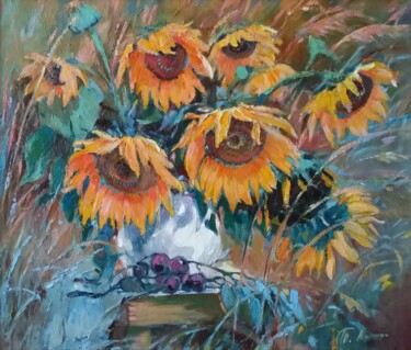 Painting titled "Sunflowers 2 -  flo…" by Tatiana Lapina, Original Artwork, Oil Mounted on Wood Stretcher frame