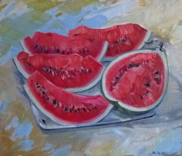 Painting titled "Sweet Watermelon -…" by Tatiana Lapina, Original Artwork, Oil Mounted on Wood Stretcher frame