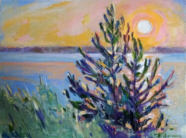 Painting titled "Sunset - knife pain…" by Tatiana Lapina, Original Artwork, Oil Mounted on Wood Stretcher frame