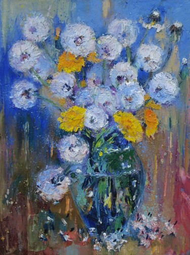 Painting titled "Dandelions 3 - knif…" by Tatiana Lapina, Original Artwork, Oil Mounted on Cardboard