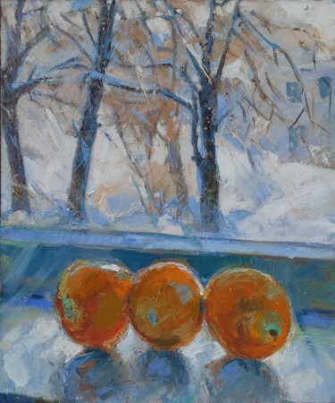 Painting titled "Three Oranges - Ita…" by Tatiana Lapina, Original Artwork, Oil Mounted on Wood Stretcher frame
