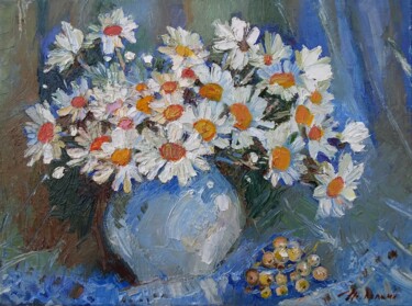 Painting titled "Camomile - flowers…" by Tatiana Lapina, Original Artwork, Oil Mounted on Wood Stretcher frame