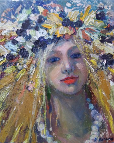 Painting titled "Automne - girl in a…" by Tatiana Lapina, Original Artwork, Oil Mounted on Wood Stretcher frame