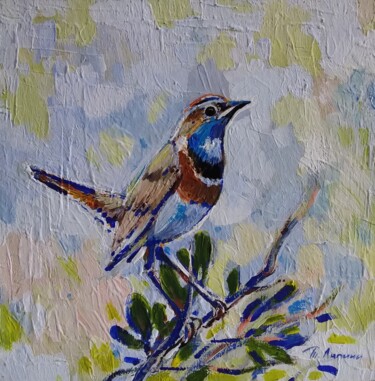 Ζωγραφική με τίτλο "Bluethroat bird" από Tatiana Lapina, Αυθεντικά έργα τέχνης, Ακρυλικό Τοποθετήθηκε στο Χαρτόνι