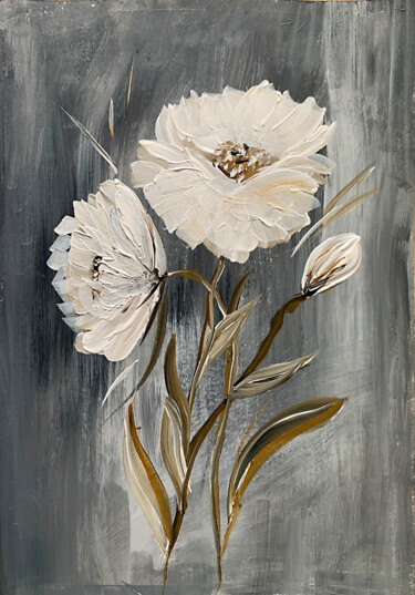 Ζωγραφική με τίτλο "White flowers on gr…" από Tatiana Malinovscaia, Αυθεντικά έργα τέχνης, Ακρυλικό