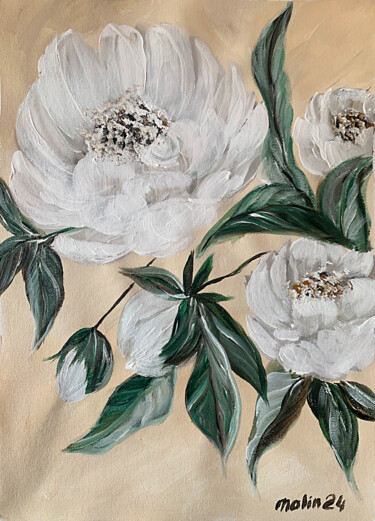 Peinture intitulée "White Gentle peonies" par Tatiana Malinovscaia, Œuvre d'art originale, Acrylique