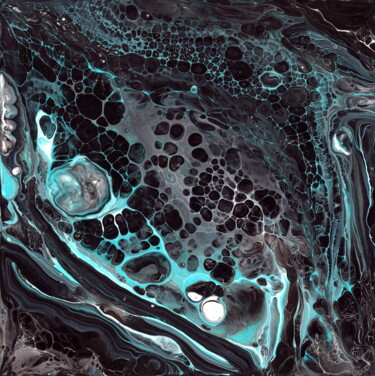 Malarstwo zatytułowany „Turquoise-black flu…” autorstwa Tatiana Malygina, Oryginalna praca, Akryl Zamontowany na Drewniana r…