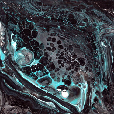 Painting titled "Turquoise-black flu…" by Tatiana Malygina, Original Artwork, Acrylic Mounted on Wood Stretcher frame