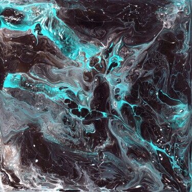 Картина под названием "Turquoise-black flu…" - Tatiana Malygina, Подлинное произведение искусства, Акрил Установлен на Дерев…