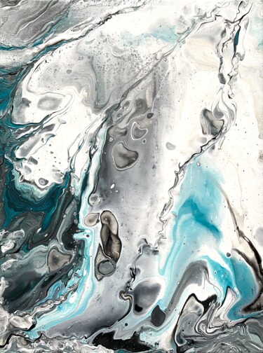 Painting titled "Turquoise grey flui…" by Tatiana Malygina, Original Artwork, Acrylic Mounted on Wood Stretcher frame