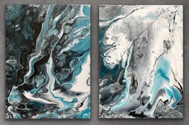 Turquoise grey diptych. Fluid art Картина под названием "Turquoise grey dipt…" - Tatiana Malygina, Подлинное произведение искусства, Акрил Установлен на Подра…