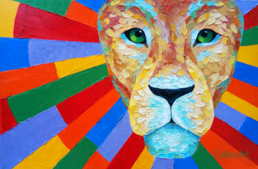 Painting titled "Lion Painting Impas…" by Tatiana Matveeva, Original Artwork, Oil Mounted on Wood Stretcher frame